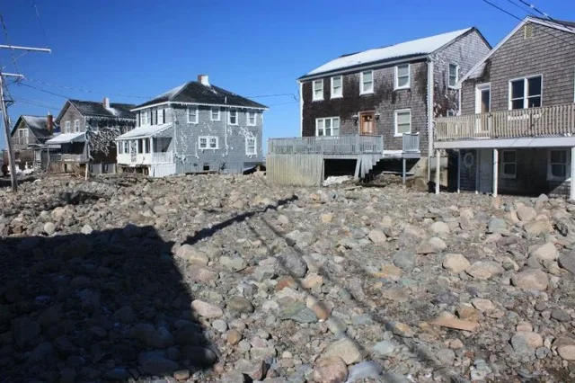 Seawall stone washed across a Cedar Point street after the February 2013 blizzard