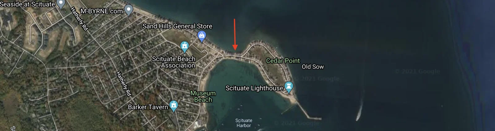 Aerial map of Cedar Point showing the seawall run from Sand Hills General Store along Lighthouse Road to Rebecca Road