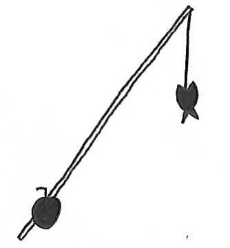 Hand-drawn sketch of a fishing rod and lure
