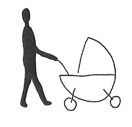 Hand-drawn sketch of a person walking with a stroller