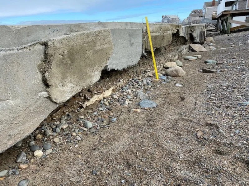Undermined seawall section on Cedar Point with the base washed out
